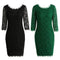 New Sexy Women Lace Bodycon Dress O Neck Three Quarter Sleeve Solid Sheath Evening Party Mini Dress Black/ Green