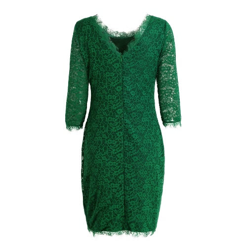 New Sexy Women Lace Bodycon Dress O Neck Three Quarter Sleeve Solid Sheath Evening Party Mini Dress Black/ Green