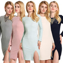 New Sexy Women Knitted Dress Solid Color Cross Strap Flare Sleeve Split Slim Bodycon Ribbed Warm Dress Knitwear