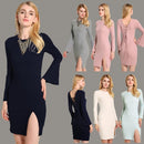 New Sexy Women Knitted Dress Solid Color Cross Strap Flare Sleeve Split Slim Bodycon Ribbed Warm Dress Knitwear