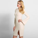 New Sexy Women Knitted Dress Solid Color Cross Strap Flare Sleeve Split Slim Bodycon Ribbed Warm Dress Knitwear