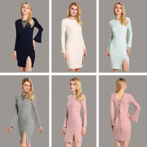 New Sexy Women Knitted Dress Solid Color Cross Strap Flare Sleeve Split Slim Bodycon Ribbed Warm Dress Knitwear