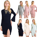 New Sexy Women Knitted Dress Solid Color Cross Strap Flare Sleeve Split Slim Bodycon Ribbed Warm Dress Knitwear