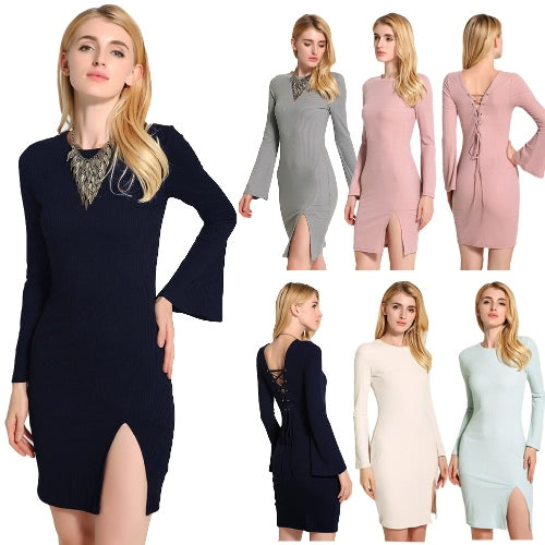 New Sexy Women Knitted Dress Solid Color Cross Strap Flare Sleeve Split Slim Bodycon Ribbed Warm Dress Knitwear