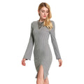 New Sexy Women Knitted Dress Solid Color Cross Strap Flare Sleeve Split Slim Bodycon Ribbed Warm Dress Knitwear