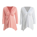 Women T-Shirt Knot Tunic Top V-Neck Long Sleeves Autumn Top Solid Slim Casual Tee White/Pink