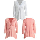 Women T-Shirt Knot Tunic Top V-Neck Long Sleeves Autumn Top Solid Slim Casual Tee White/Pink