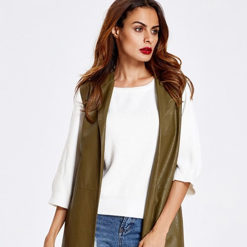 Fashion Women Vest Coat Faux Leather Notched Collar Sleeveless Long Waistcoat Jacket Outerwear Black/Brown/Army Green