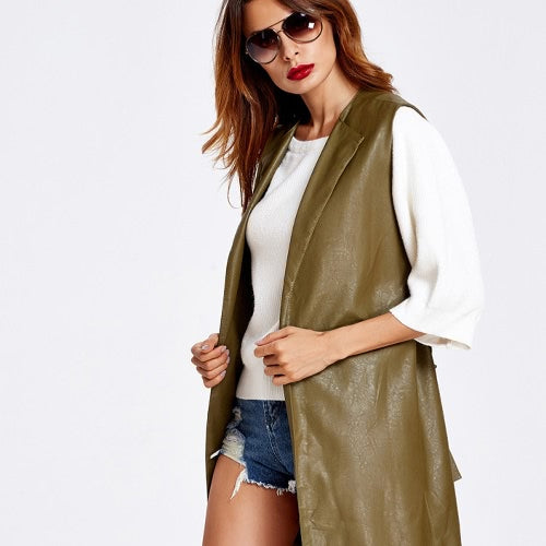 Fashion Women Vest Coat Faux Leather Notched Collar Sleeveless Long Waistcoat Jacket Outerwear Black/Brown/Army Green