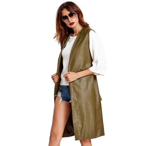 Fashion Women Vest Coat Faux Leather Notched Collar Sleeveless Long Waistcoat Jacket Outerwear Black/Brown/Army Green