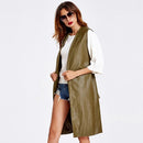 Fashion Women Vest Coat Faux Leather Notched Collar Sleeveless Long Waistcoat Jacket Outerwear Black/Brown/Army Green