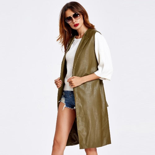 Fashion Women Vest Coat Faux Leather Notched Collar Sleeveless Long Waistcoat Jacket Outerwear Black/Brown/Army Green