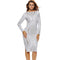 Sexy Women Bodycon Dress Open Back Geometry Pattern Long Sleeve Night Club Split Dress White