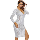 Sexy Women Bodycon Dress Open Back Geometry Pattern Long Sleeve Night Club Split Dress White