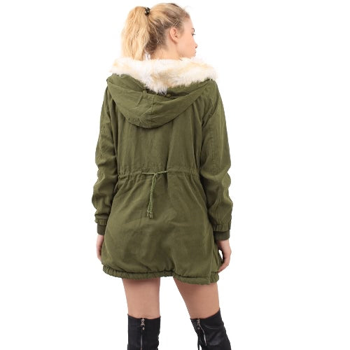 Women Hooded Coat Jacket Faux Fur Lining Collar Zip Drawstring Waist Pockets Long Thicken Parka Outwear