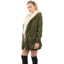 Women Hooded Coat Jacket Faux Fur Lining Collar Zip Drawstring Waist Pockets Long Thicken Parka Outwear