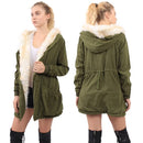 Women Hooded Coat Jacket Faux Fur Lining Collar Zip Drawstring Waist Pockets Long Thicken Parka Outwear