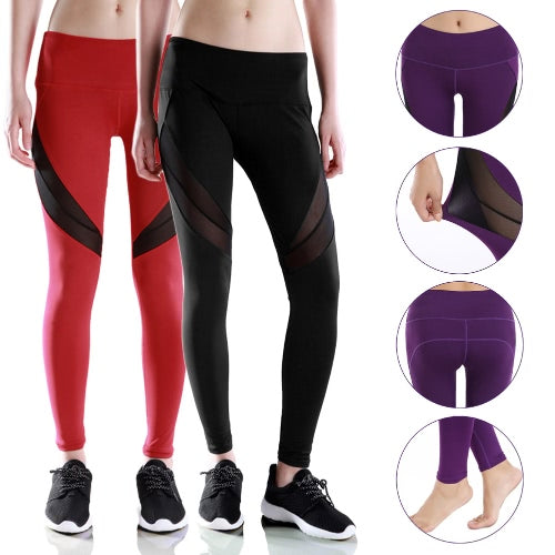 New Women Leggings Sports Pants Sheer Mesh Splicing High Waist Yoga Pants Stretchy Jogging Fitness Tights Gym Trousers Black/Purple/Red