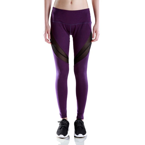 New Women Leggings Sports Pants Sheer Mesh Splicing High Waist Yoga Pants Stretchy Jogging Fitness Tights Gym Trousers Black/Purple/Red