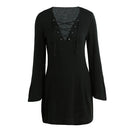 New Sexy Women Knit Dress Lace Up V-Neck Flare Sleeve Solid Casual Party Mini Sweater Dress