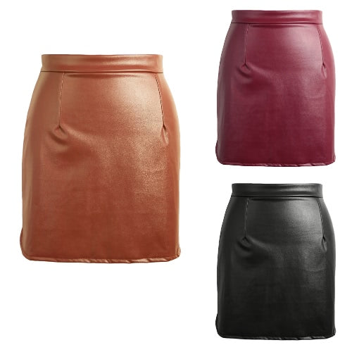 Europe Sexy Mini Women Skirt PU Leather Solid Split Zipper Pencil Skirts OL Casual Slim Clubwear Black/Coffee/Burgundy