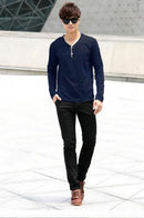 Fashion Men Slim T-shirt V-neck Long Sleeve Button Pullover Tops Tee Shirt Dark Blue