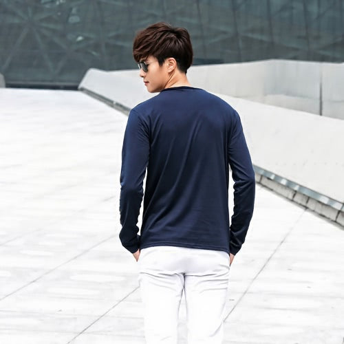 Fashion Men Slim T-shirt V-neck Long Sleeve Button Pullover Tops Tee Shirt Dark Blue