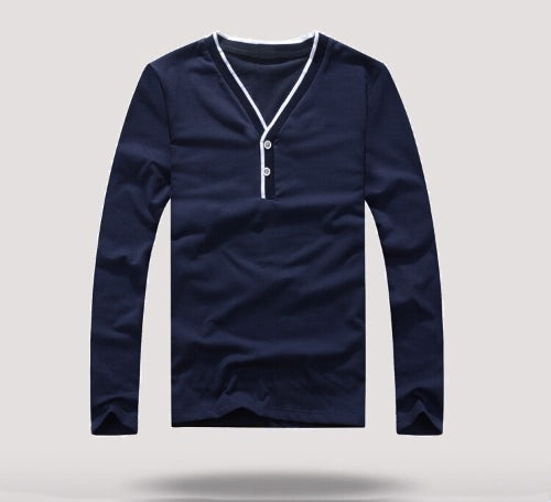 Fashion Men Slim T-shirt V-neck Long Sleeve Button Pullover Tops Tee Shirt Dark Blue