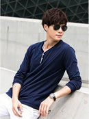 Fashion Men Slim T-shirt V-neck Long Sleeve Button Pullover Tops Tee Shirt Dark Blue