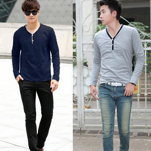 Fashion Men Slim T-shirt V-neck Long Sleeve Button Pullover Tops Tee Shirt Dark Blue