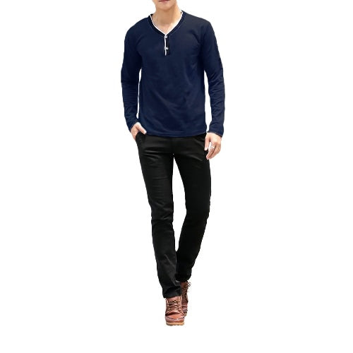 Fashion Men Slim T-shirt V-neck Long Sleeve Button Pullover Tops Tee Shirt Dark Blue