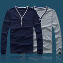 Fashion Men Slim T-shirt V-neck Long Sleeve Button Pullover Tops Tee Shirt Dark Blue