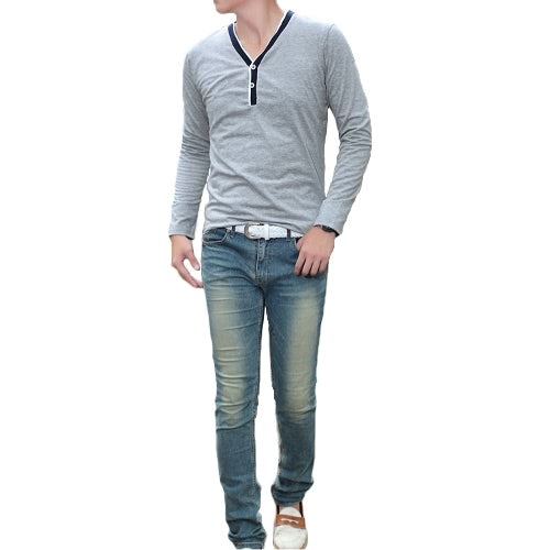 Fashion Men Slim T-shirt V-neck Long Sleeve Button Pullover Tops Tee Shirt Dark Blue