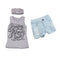 Fashion Kids Baby Girls Three-Piece Set Outfits Print Crew Neck Sleeveless Headband T-Shirt Jeans Pants Grey