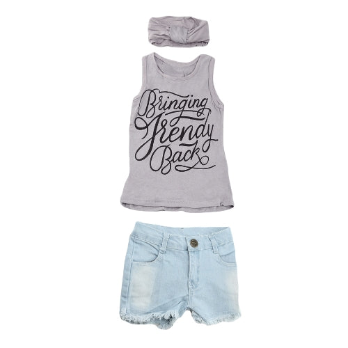 Fashion Kids Baby Girls Three-Piece Set Outfits Print Crew Neck Sleeveless Headband T-Shirt Jeans Pants Grey