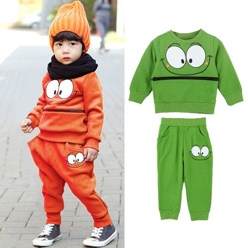 Cute Baby Boys Girls Unisex Suit Smiling Face Print Zipper Pocket O-Neck Sportswear Tracksuit Green/Orange