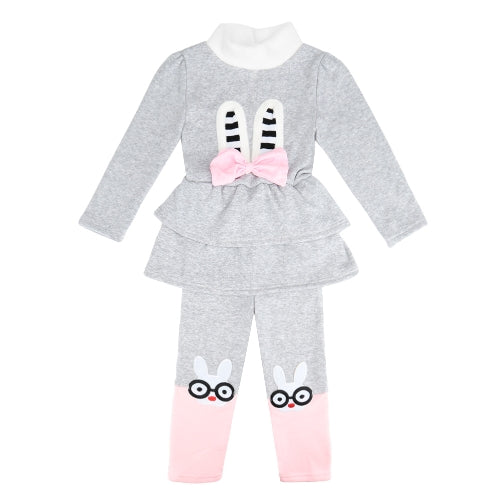 Cute Baby Girls Two-Piece Set Bow Cartoon Pattern Long Sleeve Sweatshirt Elastic Waist Trousers Fleece Warm Outfits Red/Grey