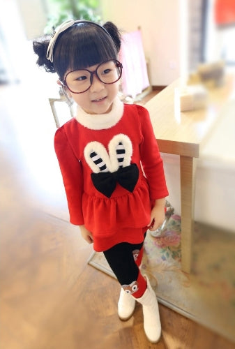 Cute Baby Girls Two-Piece Set Bow Cartoon Pattern Long Sleeve Sweatshirt Elastic Waist Trousers Fleece Warm Outfits Red/Grey