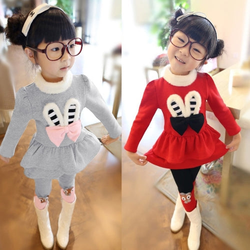 Cute Baby Girls Two-Piece Set Bow Cartoon Pattern Long Sleeve Sweatshirt Elastic Waist Trousers Fleece Warm Outfits Red/Grey