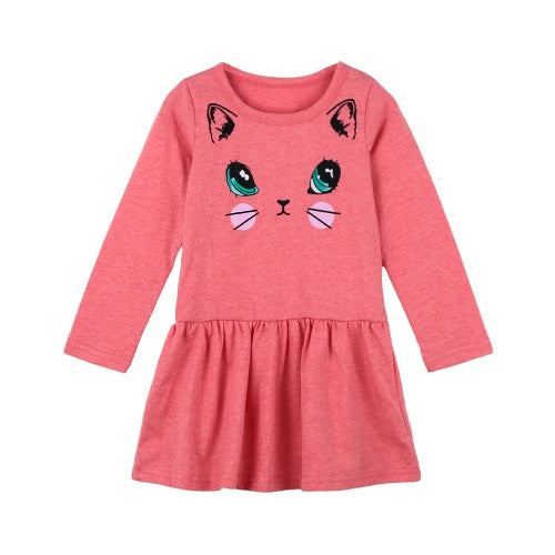 Cute Kids Cotton Cartoon Cat Print Dropped Waist Round Neck Long Sleeve Children Girls' Dress