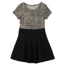 Fashion Cute Kids Girl Dress Leopard Print Round Neck Short Sleeves Mini Pleated Dress Black