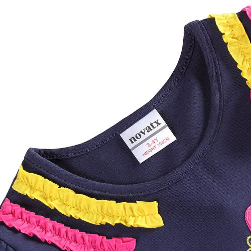 Fashion Cute Baby Kids Girl Dress Floral Embroidery Striped Splice Dot Print Short Sleeve Princess Mini Dress Dark Blue