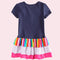 Fashion Cute Baby Kids Girl Dress Floral Embroidery Striped Splice Dot Print Short Sleeve Princess Mini Dress Dark Blue