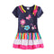 Fashion Cute Baby Kids Girl Dress Floral Embroidery Striped Splice Dot Print Short Sleeve Princess Mini Dress Dark Blue