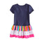 Fashion Cute Baby Kids Girl Dress Floral Embroidery Striped Splice Dot Print Short Sleeve Princess Mini Dress Dark Blue