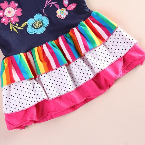 Fashion Cute Baby Kids Girl Dress Floral Embroidery Striped Splice Dot Print Short Sleeve Princess Mini Dress Dark Blue