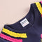 Fashion Cute Baby Kids Girl Dress Floral Embroidery Striped Splice Dot Print Short Sleeve Princess Mini Dress Dark Blue