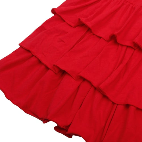 New Cute Girls Kids Dress Ruffles Hem Flower Brooch Solid O-Neck Sleeveless Sweet Dress Red