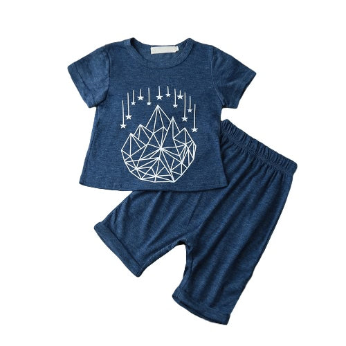 Fashion Kids Baby Boy Two-Piece Set Short Sleeve Printed T-Shirt Cropped Trousers Pants Toddler Children Outfits Suits Blue