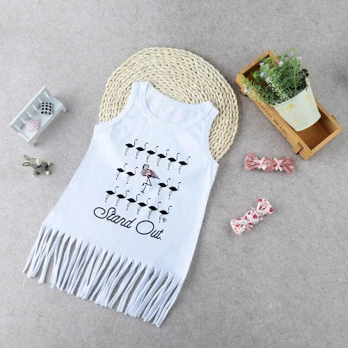 New Unisex Baby Boy Girl Summer Tee Round Neck Sleeveless Cartoon Print Tassel Long Vest Tee White